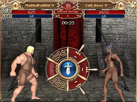 Fight screen with "three swords" combat system